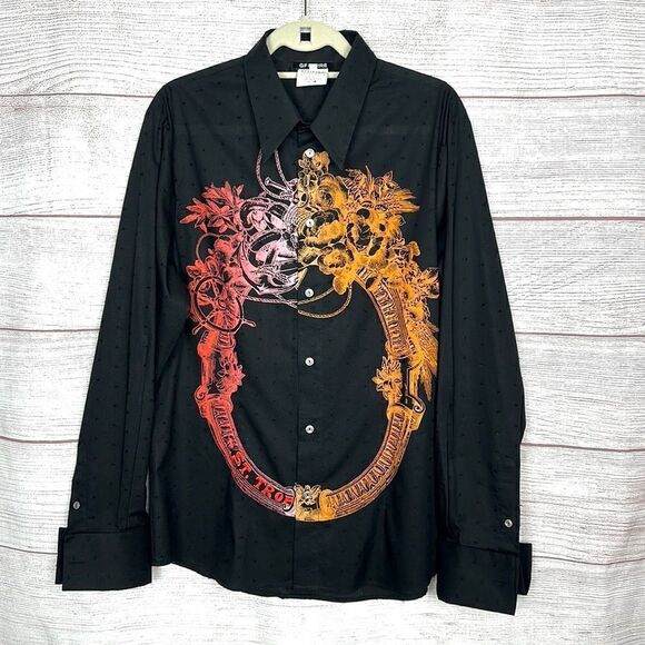 GF FERRE Vintage Printed Embroidered Black Button Up Shirt Eyelet Slim Fit M-L - Picture 1 of 14